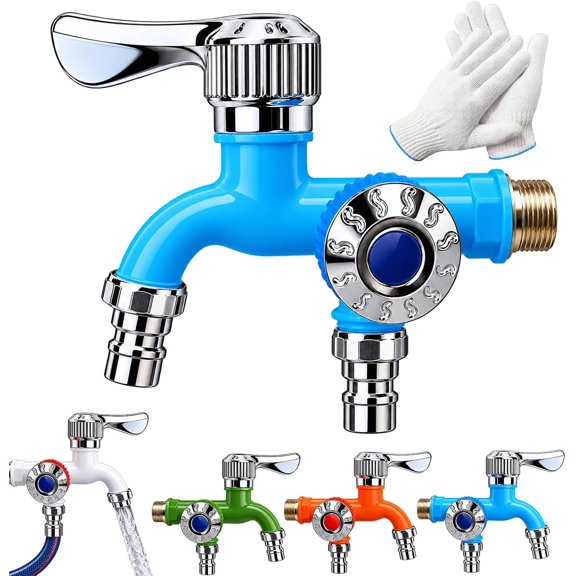 Dual Outlet Washing Machine Faucet, Dual-Outlet Water Connector,Blue | Plastic Quick Connect Splitter, Two Water Outlets for Mop Pool, Balcony, Bathroom, Garden and Household Use