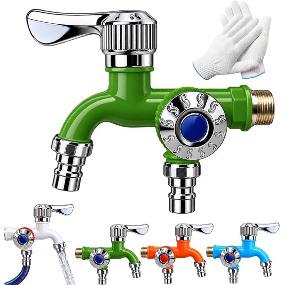 Dual Outlet Washing Machine Faucet, Dual-Outlet Water Connector,Green | Plastic Quick Connect Splitter, Two Water Outlets for Mop Pool, Balcony, Bathroom, Garden and Household Use