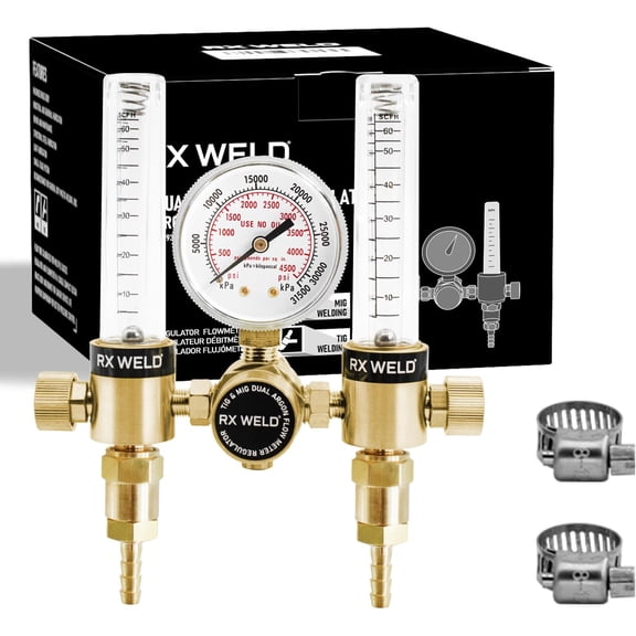 Dual Output Argon Flow Meter, 0-60 CFH, CGA580 Inlet | MIG & TIG welding gas regulator. Sturdy brass body, 5/8" UNF outlet with 1/4" barb adapter