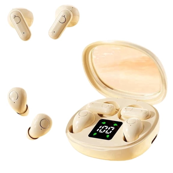 Dual-Pair Wireless Bluetooth Headset with LED Charging Case, Innovative Four-Earbud Design, Noise Cancelling Wireless Earbud, Extended Playtime & Digital Display, Comfort Fit (Beige)