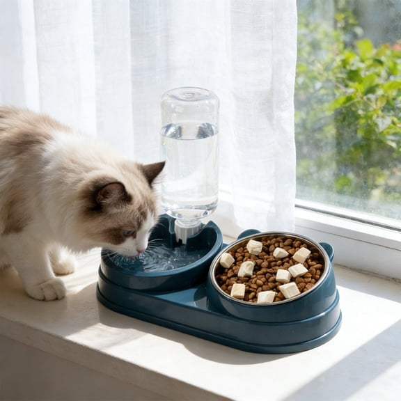 Dual Pet Bowl with Inclined Neck Support, 10.43 x 4.72 x 3.15 Inches Food & Water Combo Bowl for Cats Dogs, Non-Slip Base & Removable Design for Easy Cleaning & Feeding Comfort