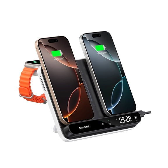 Dual Phone Charger, SwanScout 710A, Wireless Charger for iPhone 16/15/14/13/12/11/8/X Series, for Apple Watch 10/9/8/7/6, Ultra 2/Ultra, for AirPods 4/Pro 2/Pro/3