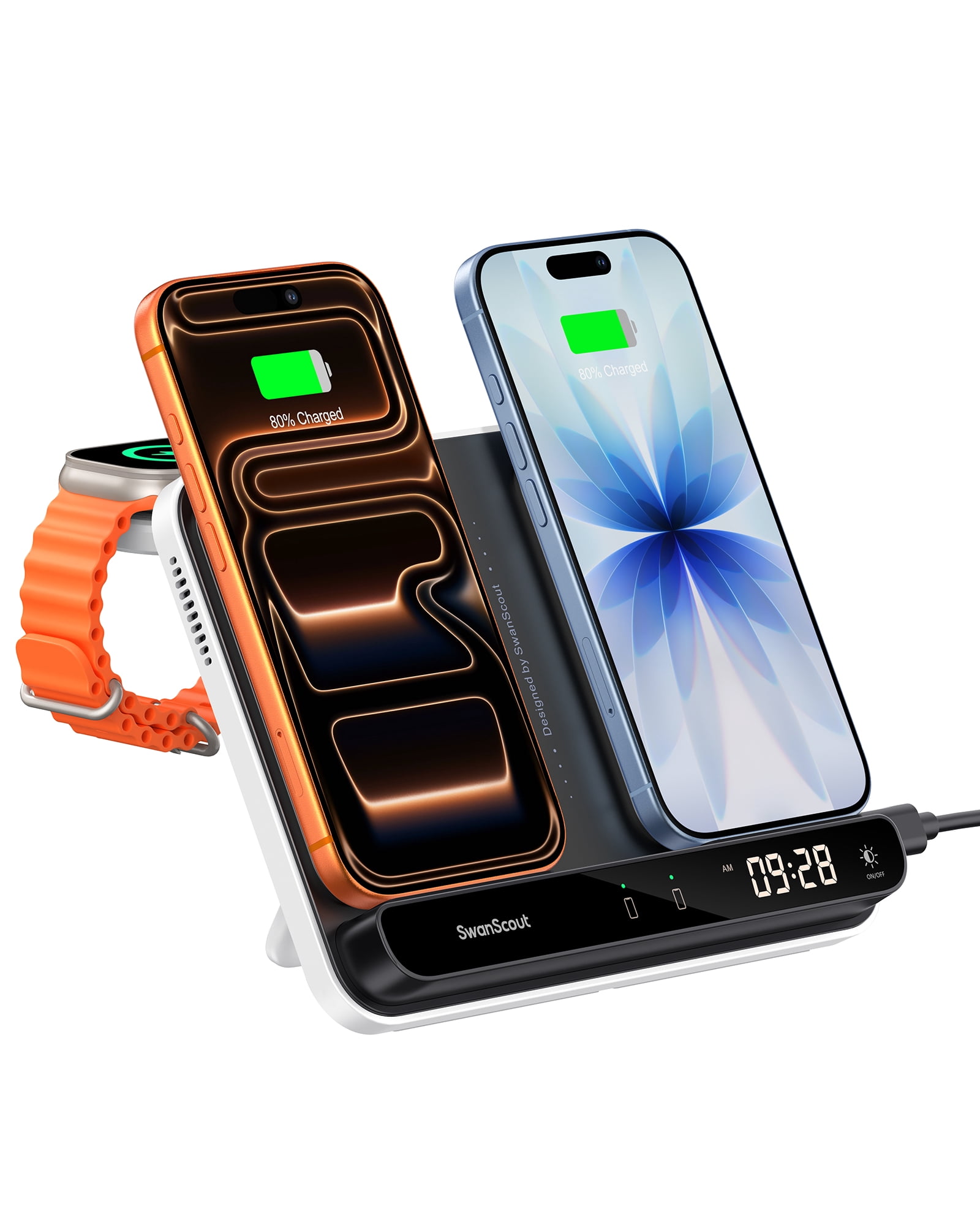 Dual Phone Charger, SwanScout 710A, Wireless Charger for iPhone 16/15/14/13/12/11/8/X Series, for Apple Watch 10/9/8/7/6, Ultra 2/Ultra, for AirPods 4/Pro 2/Pro/3