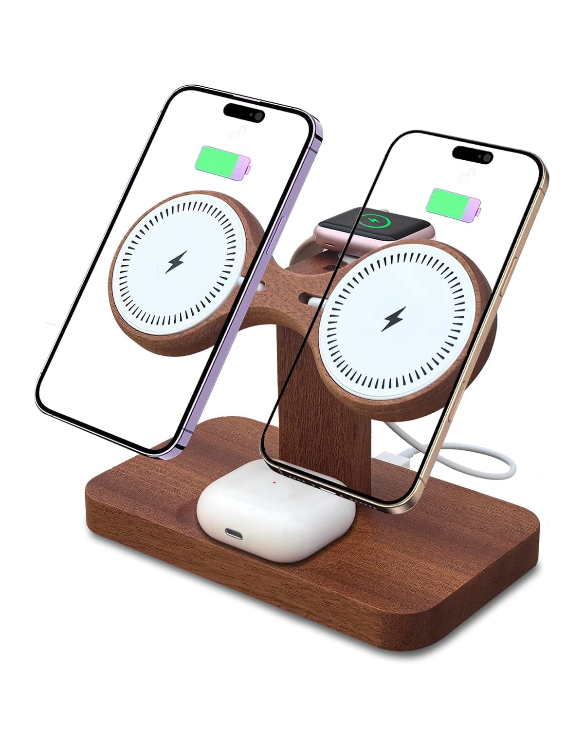 Dual Phone Charging Station for Apple Devices,Wood Magnetic Phone Charger Stand for Two iPhone 17 16 15 14 13 12 Mini Se,Wireless Charger Apple Charging Station for iWatch Series AirPod 4 3 2 Pro