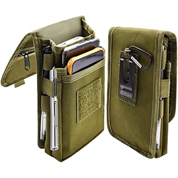 Dual Phone Holster, Large Smartphone Pouch, Belt Cell Phone Holder for iPhone 16/15/14 Pro Max & Samsung Phones, Compatible with Power Bank, for Work, Hiking, Camping, Barbecue, Rescue (L)