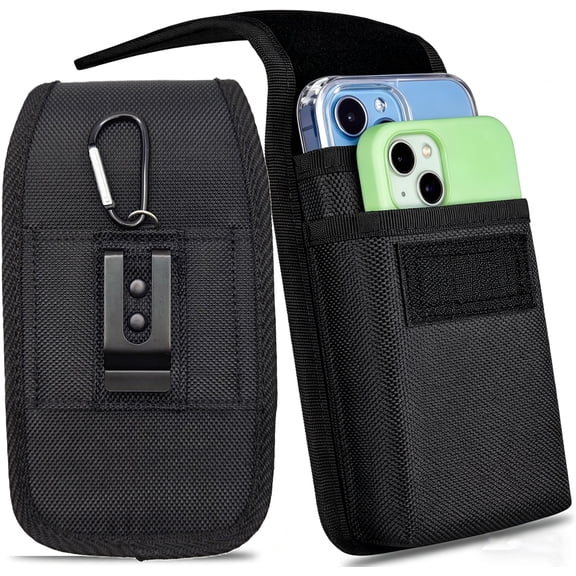 Dual Phone Holster Pouch, Belt Clip Phone Holder, 2-Slot Universal Cell Phone Case with Belt Loops, Heavy Duty Nylon Waist Bag for Work & Outdoor