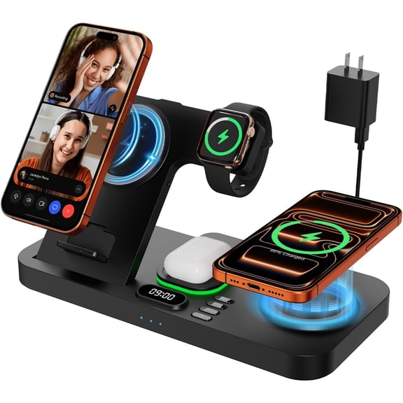 Dual Phone Magnetic Wireless Charging Station for Apple Devices/Apple Ecosystem,with Auto-Switch 7-Color Light & Clock, Compatible with iPhone 17/16/15, for iWatch 11/10/9 & AirPods Pro3Black