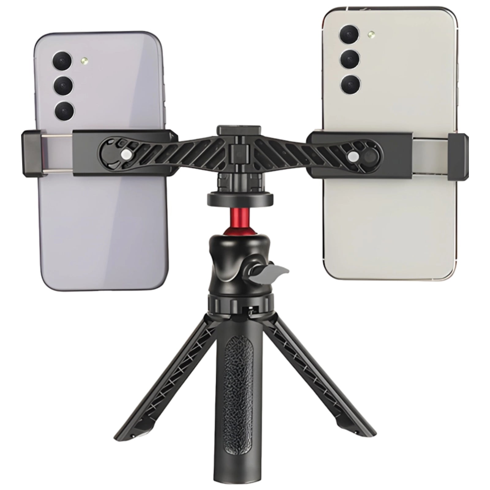 Dual Phone Tripod Stand with Ball Head Mount, Portable Desktop Phone Holder with Adjustable Clamps, Mini Camera Stand for Live Streaming Gaming Recording, Black and Red