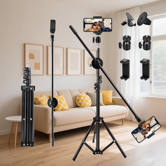 Dual-Phone Tripod for Live Streaming, Meetings, Travel - Sturdy Iron, Adjustable to 67", Portable Foldable Stand for Hiking
