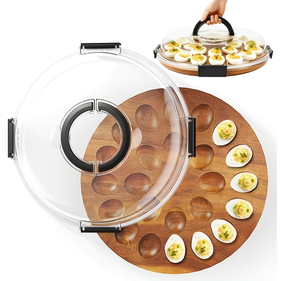 Dual-Piece Deviled Egg Serving Tray Set with Secure Snap-On Cover - Food-Grade, Bug-Resistant Wooden Platter Featuring 24 Individual Compartments for Holiday Gatherings and Everyday Kitchen Use