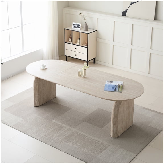 Dual Pillar Oval Extendable Table, Off White Expandable Dining Table for Kitchen and Living Room, Modern MDF Table with 3 Length Options
