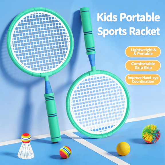 Dual Play Tennis Racket Toys with 2 Soft Balls and 4 Shuttlecocks for Kid Outdoor/Indoor Sports Play