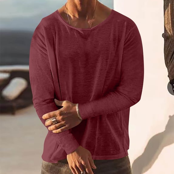 Dual Pocket Stand Collar Shirt for Men Pullover Casual Stand-up Collar Solid Beach Long Sleeves T-Shirt Blouse Men's Breathable Linen Top