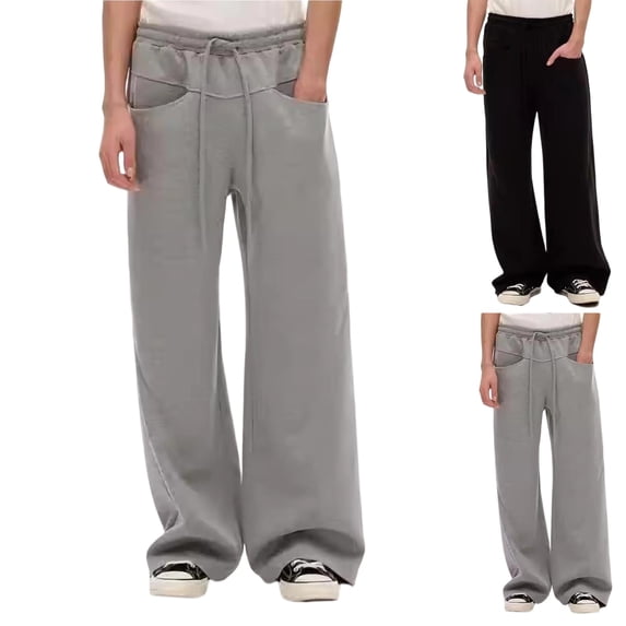 Dual Pockets Wide Leg Sweatpants for Men Loose Street Trousers Elastic Drawstring Waist Open Leg Casual Pants | Soft Drape Knit Oversized Sweatpants Front & Back Storage Pockets Black,L