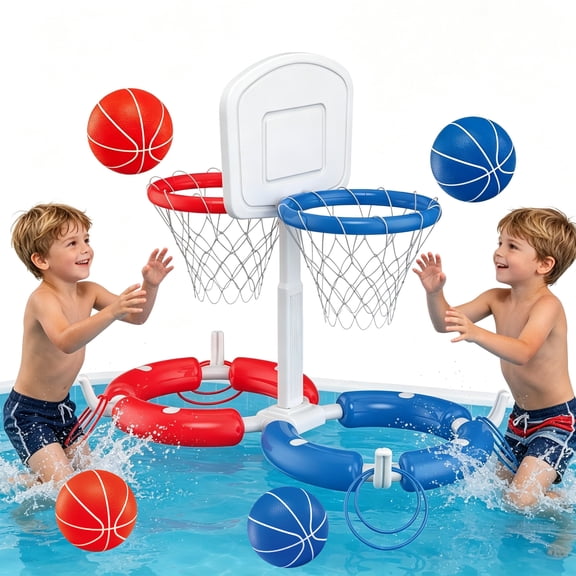 Dual Pool Basketball Hoop with Backboard for Boys Girls 2-in-1 Floating Pool Toys Ring Game 4 Balls 8 Rings & Pump Outdoor Swimming Pool Basketball Games Water Play Summer Toy for Adults and Family