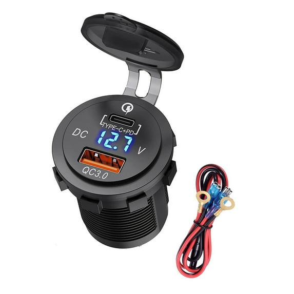 Dual-Port Car Adapter with Display for Motorcycle & Auto, Fast USB/Type-C Charging Hub