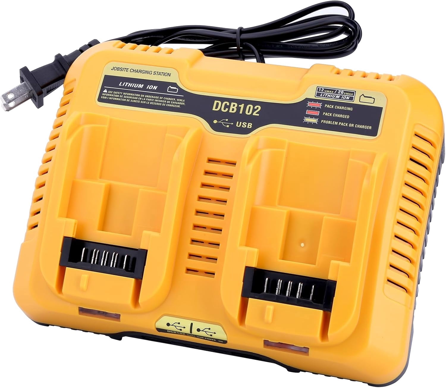 Dual Port Charger Replacement for De-Walt 12/20V MAX Battery Charger DCB102, Compatible with 20v 12v 60v Battery DCB120 DCB126 DCB208 DCB201 DCB609 DCB606