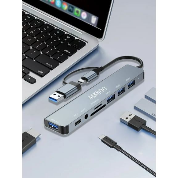 AKKHOO Dual-Port Eight-in-One USB3.0 Dual Display Laptop Docking Station, with Fast Transfer, Aluminum Alloy, Silver, New
