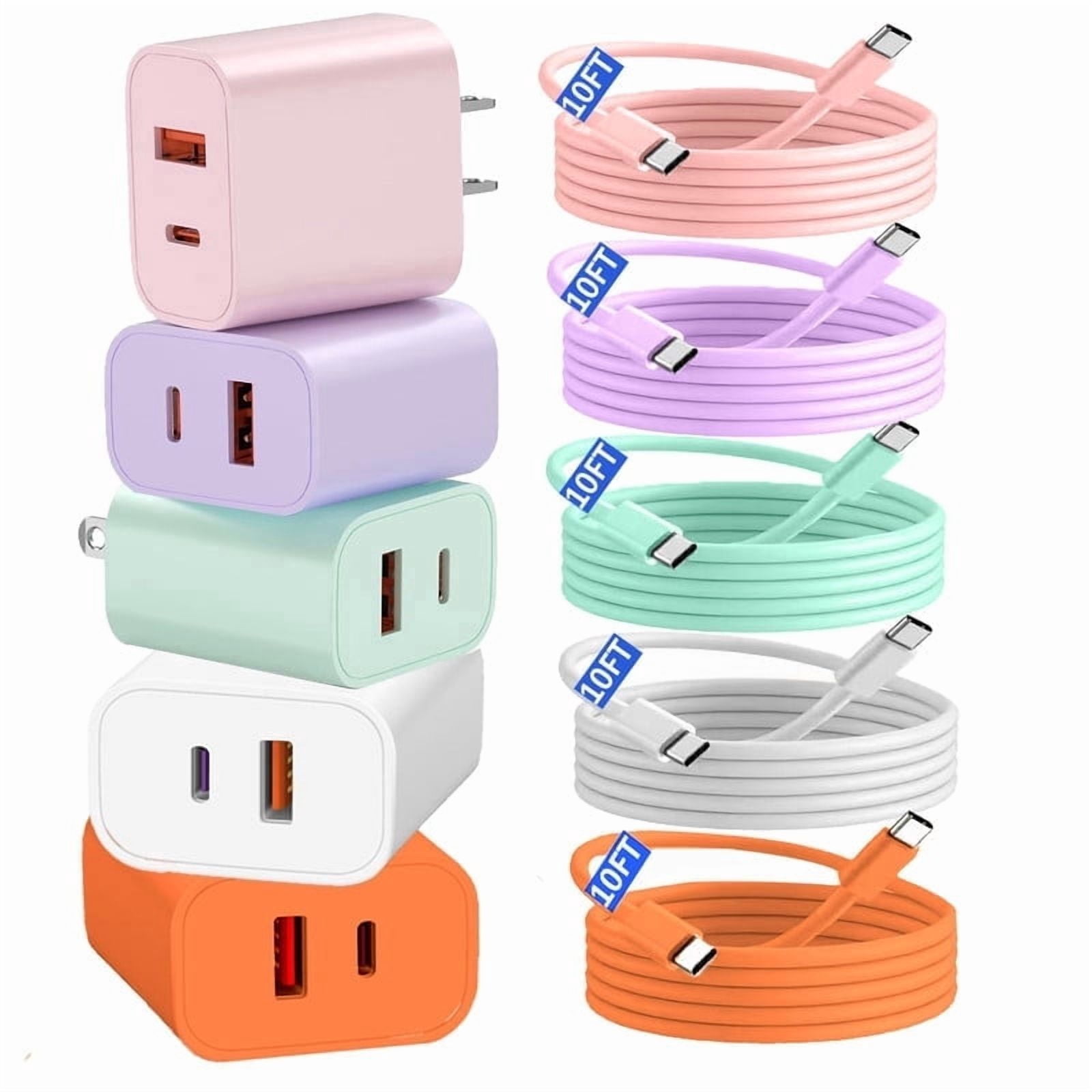 Dual Port Fast Charger Block with 10FT USB C Cable, 20W PD + QC 3.0 USB C Wall Charger, 5 Pack Colorful Charging Set for iPhone 17/16/15, Android