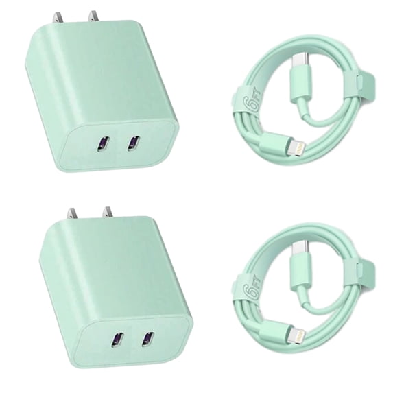 Dual Port Green Fast Charger【MFi Certified】Compatible with iPhone14/13/12/11/X,Dual Port USB C Charger,Fast Charging Block,Quick USB C Wall Charger Plug with Type C Lightning Cable