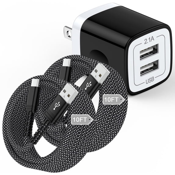 Dual-Port Wall Charger Block with 2 Pack 10FT USB-A to Type-C Braided Cables, Phone Charger Compatible with iPhone 17/16/15 Pro Max iPad Pro Galaxy S26 Android, Black