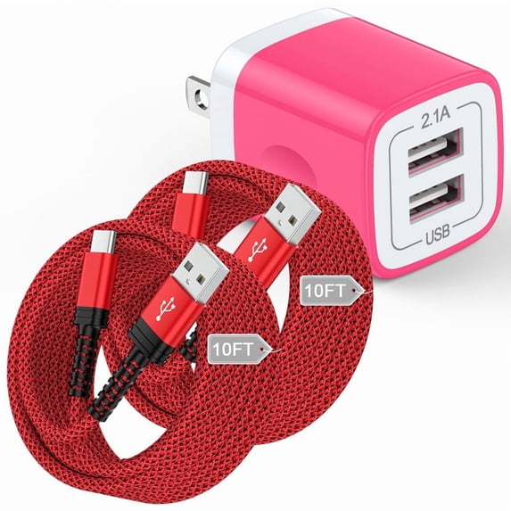 Dual-Port Wall Charger Block with 2 Pack 10FT USB-A to Type-C Braided Cables, Phone Charger Compatible with iPhone 17/16/15 Pro Max iPad Pro Galaxy S26 Android, Pink