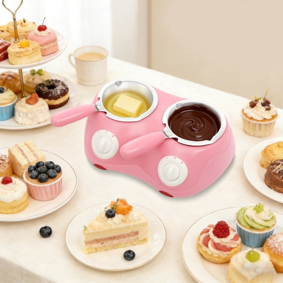 Dual Pot Chocolate Melting Machine with Accessories Adjustable Temp Chocolate Melter for Desserts, Candy, Fondue & Baking Compact Pink Tabletop Chocolate Maker with Molds, Forks