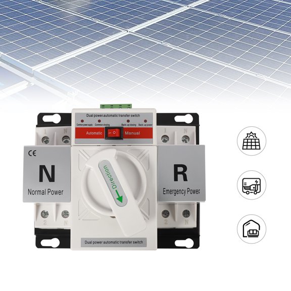 Dual Power Automatic Transfer Switch 63A 2P 110V - ATS for Generator & Solar Backup with Manual/Auto Modes, 4-Way Protection (Overvoltage/Overcurrent/Overheat/Short Circuit), Indicator Lights