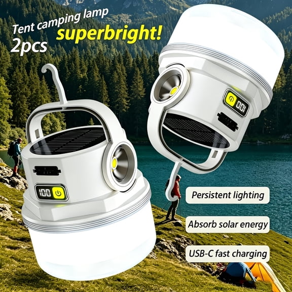 Dual Power Solar & USB Rechargeable Lantern, 2 Pack High Lumen LED Camping Light with 4 Modes and Hook, Compact Portable Flashlight, Great for Outdoor Hiking, Fishing, Hunting and Climbing