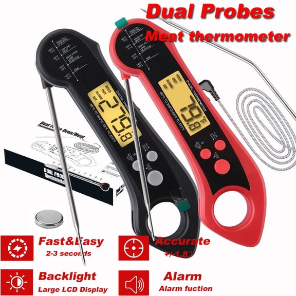 Dual Probe Digital Meat Thermometer, Waterproof Backlit BBQ Grill Thermometer with Alarm, ℃/℉ Switch Cooking Food Temperature Probe for Oven, Steak, Turkey, Roast