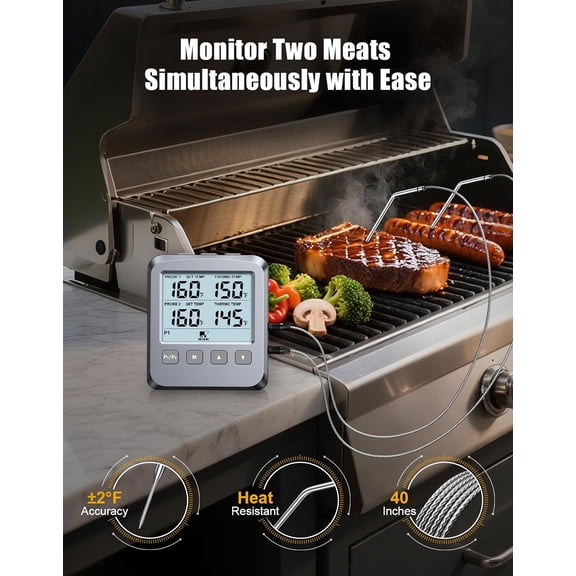 Dual Probe Meat Thermometer Digital for Cooking, Grilling & Smoking with Large LCD Backlight & Alarm, Kitchen Food Grill Thermometer, Smoker Accessories for BBQ, Oven, Oil Fry, Gifts for Men