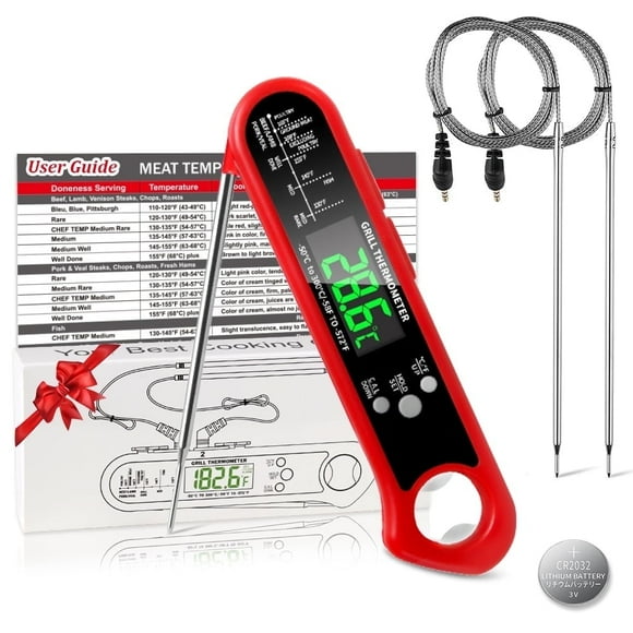Digital Meat Thermometer for Cooking, 2 in 1 Dual Probe Instant Read Food Thermometer with Alarm, LCD Backlight Screen, Oven Safe Kitchen Thermometer for Grilling and BBQ