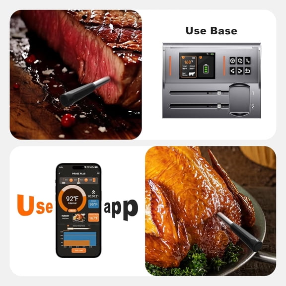 Dual Probes Meat Thermometer, Smart Digital Magnetic Standalone Base, Bluetooth Wireless Meat Thermometer Remote Tracking and Real-Time Readings, iOS and Android, for Grill, BBQ, Smoker