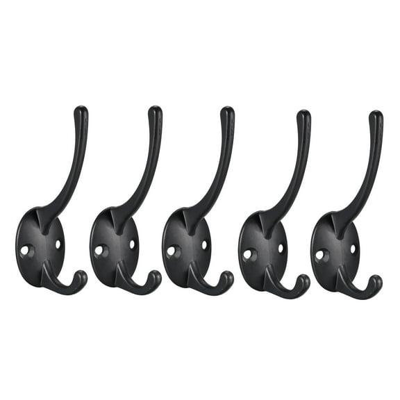 Unique Bargains Dual Prong Coat Hooks Wall Mounted Retro Double Hooks Utility Black Hook for Coat Towel Hat 87mm x 29mm x 42mm 5Pcs