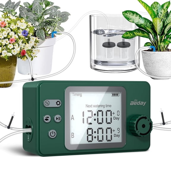 Dual Pump Automatic Watering System Rechargeable Plant Waterer with 2 Independent Zones Timer Drip Irrigation Kit for Indoor Potted Plants