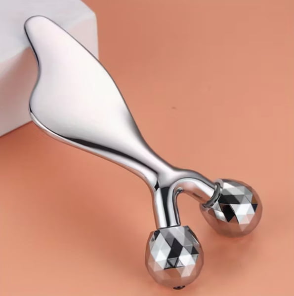 Dual-Purpose Gua Sha Massage Tool & 3D Facial Roller for V-Shaped Face - Metal Scraper for Skin Lifting and Facial Massage