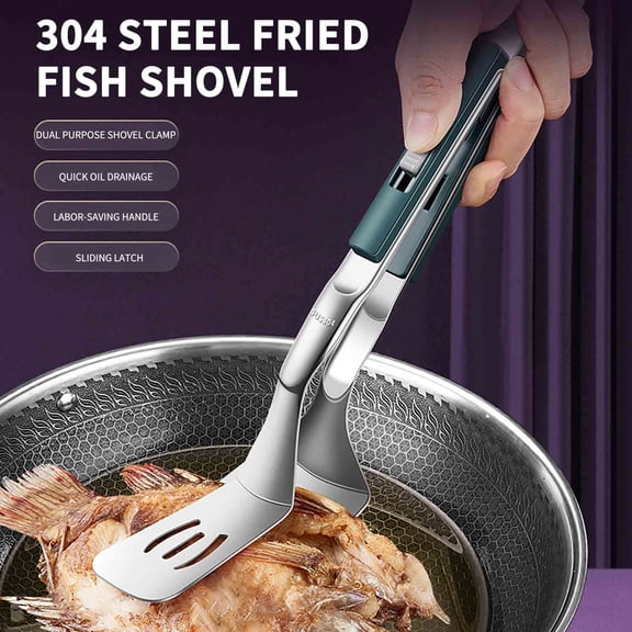 Dual-Purpose Integrated Stainless Steel Kitchen Flipper and Food Clip, Durable Multi-Functional Cooking Gadget, Daily Kitchen Tool for Flipping Fish Meat and Clamping Various Cooked Foods, Green