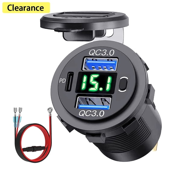 Elnone 3-Port Fast Car Charger with Type C, USB C, LED Display, 12-24V Vehicle Compatibility, Black+Green