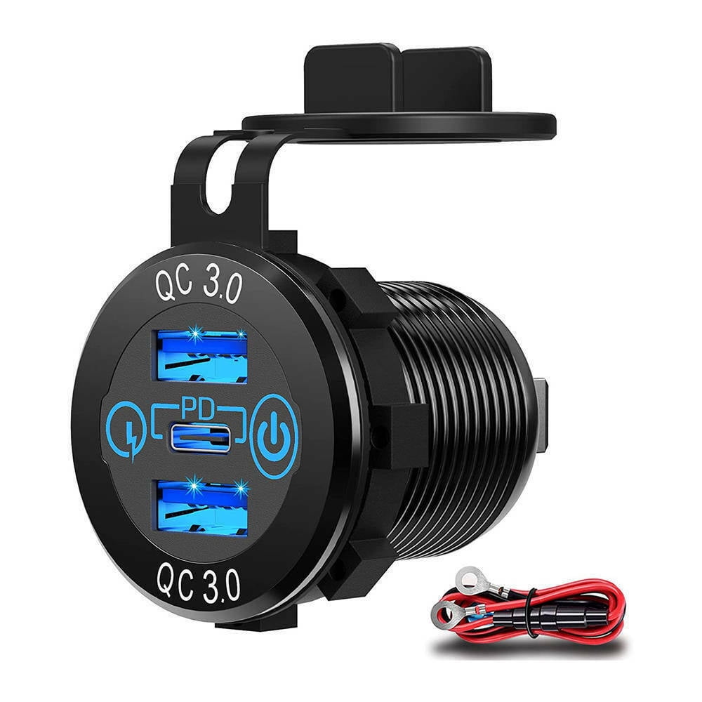 Aigomall 12V 24V Dual QC 3.0 USB + PD Type-C Fast Car Charger Adapter with 60 cm Cable, Black