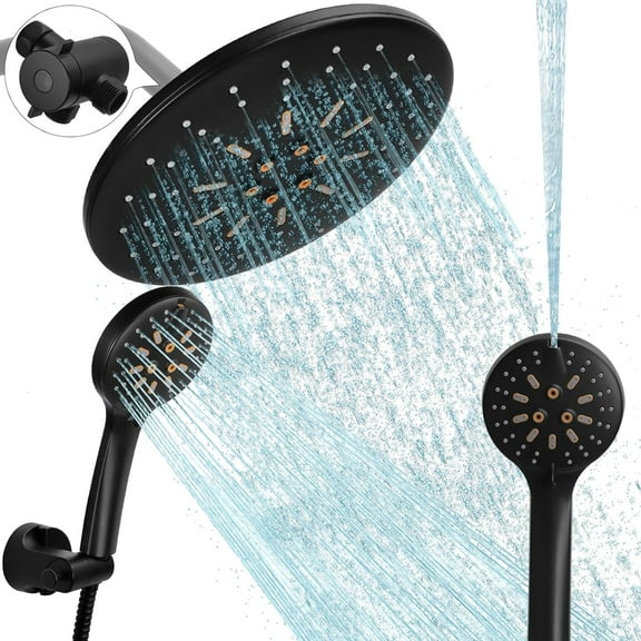 Dual Rain Shower Head with Handheld Spray Combo, 8.8 Inch High Pressure Showerheads Built-in Power Wash with 7 Spray Modes & Anti-Clog Nozzles, Easy Install Shower System for Hard Water, Black