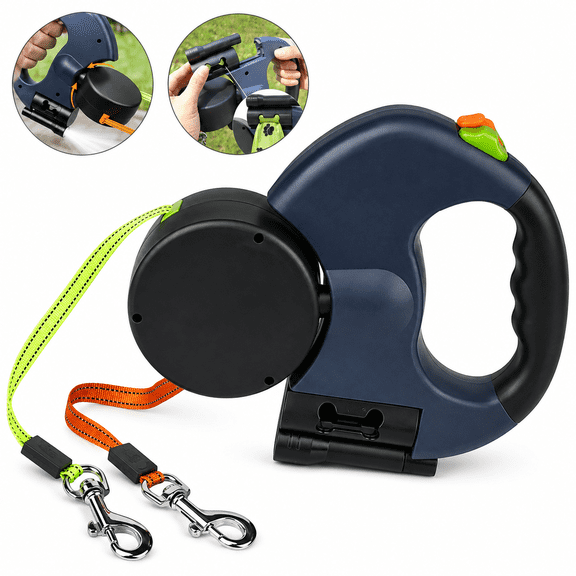 Dual Retractable Dog Leash 360 Swivel Reflective Double Pet Walking Lead For 2 Dogs Cats Puppies Tangle Resistant Retractable Leash Dark Blue