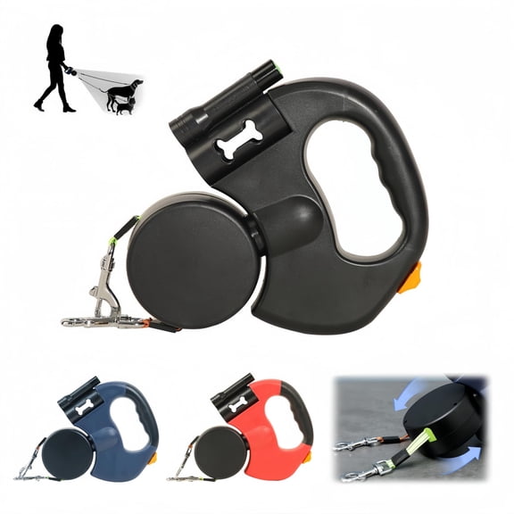 Dual Retractable Dog Leash with Light & Bring a Flashlight and a Stool Bag Holder,Tangle-Free 360° Swivel for 2 Dogs,Reflective Durable Nylon Strap, Ideal for Small and Medium Pets ﻿ (Black)