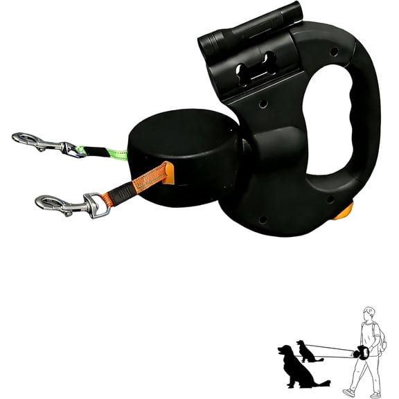 Dual Retractable Dog Leash for Two Dogs, 10ft No-Tangle 360 Swivel Double Pet Lead with Built-in LED Light & Poop Bag Dispenser, Reflective Nylon Walking Leash for Small Medium Dogs