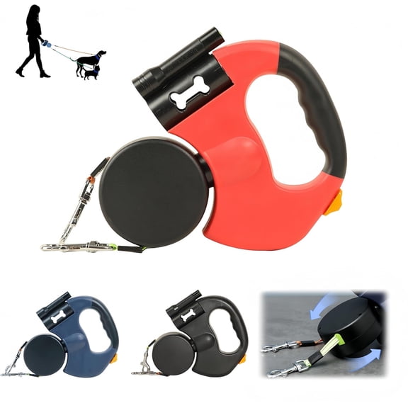 Dual Retractable Dog Leash with LED Light & Waste Bag Holder, Tangle Free