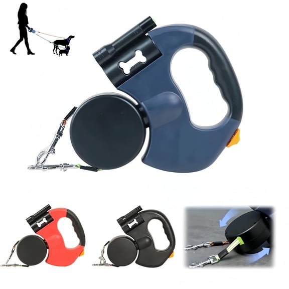Dual Retractable Dog Leash with LED Light & Waste Bag Holder, Tangle Free