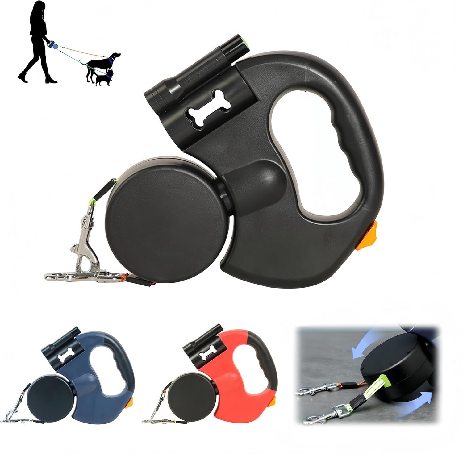 Dual Retractable Dog Leash with LED Light & Waste Bag Holder, Tangle Free