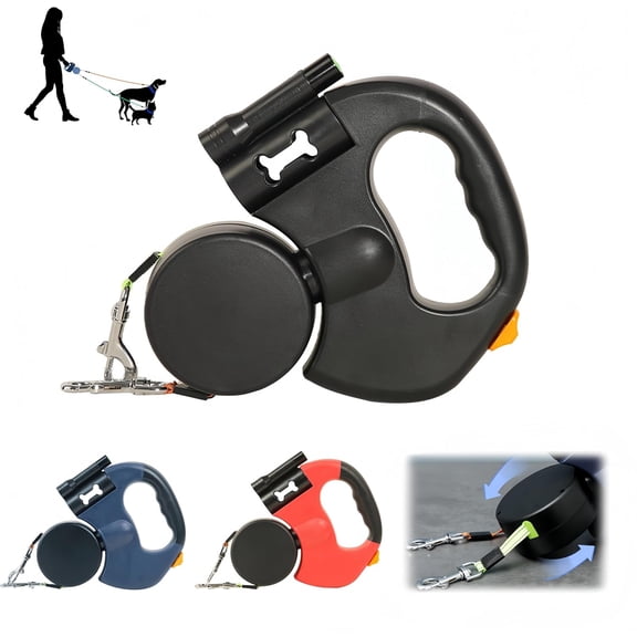 Dual Retractable Dog Leash with LED Light & Waste Bag Holder, Tangle Free