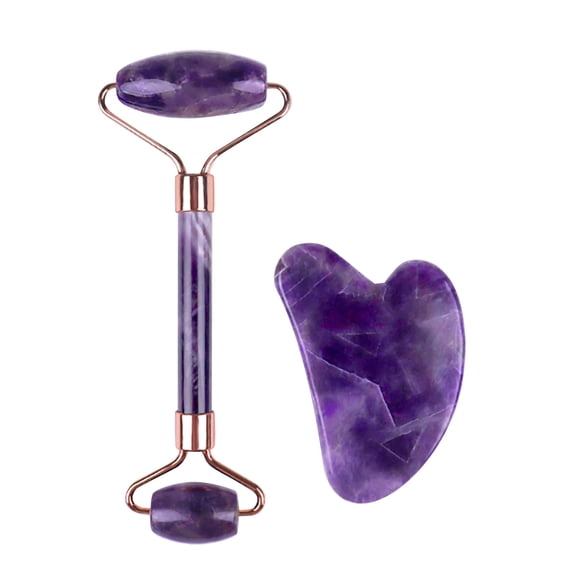 Dual Roller Beauty Massage Set, 1 Amethyst Heart + 1 Amethyst Rolleramethyst Jade Roller Massage Set Heart Shaped Double Head Roller Beauty Massage Stick for Eye and Face, Easter M Makeup Organizers