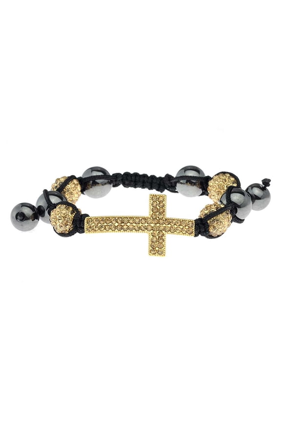 Dual Row Studded Cross Charm Smooth and Stone Stud Shamballa Macrame Bracelet - Gold-Tone