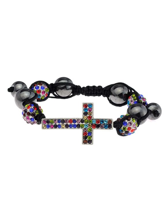 Dual Row Studded Cross Charm Smooth and Stone Stud Shamballa Macrame Bracelet - Multi, Silver-Tone